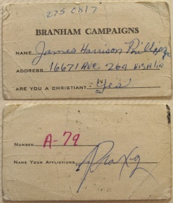 A prayer card from the Branham Campaigns, with all the information that William Branham would share in the discernment lines. In contrast, Jesus did not use prayer cards with the information that he would later discern.